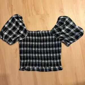 American Eagle Scrunch Puff Sleeve Plaid Blouse